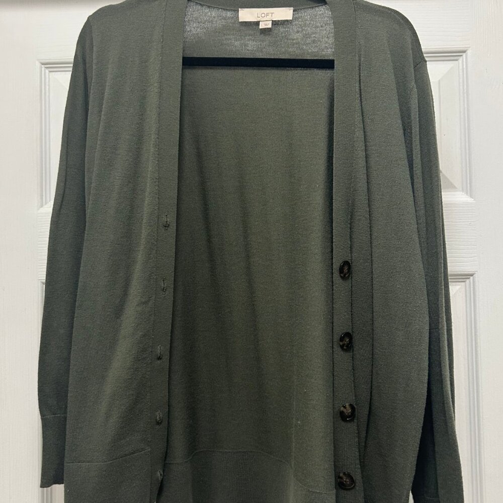 LOFT Green Button Front Cardigan Lightweight Knit Sweater